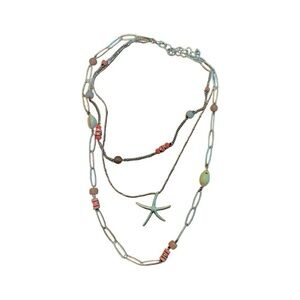Multi Layered Silver Beaded Necklace with Starfish Pendant